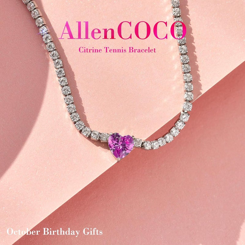 AllenCOCO Sterling Silver Heart Birthstone Bracelet, 14K White Gold Plated, AAAAA+ CZ Cubic Zirconia, Tennis Chain with Heart Charm, Hypoallergenic, Non-Tarnish Jewelry Gift for Women - Image 2